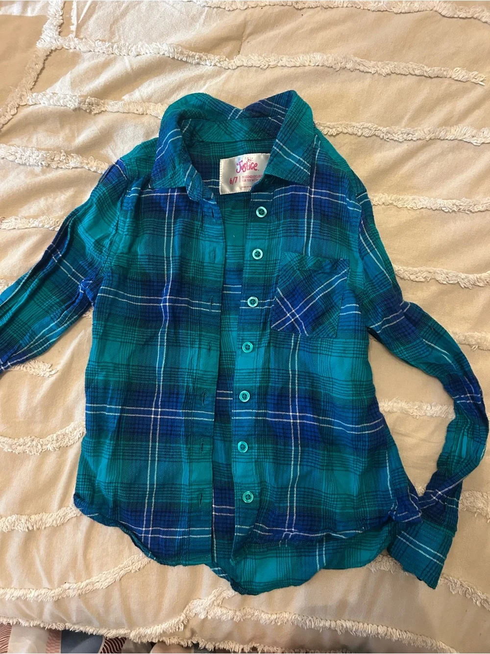 Justice Teal and Blue Plaid Button-Down Shirt